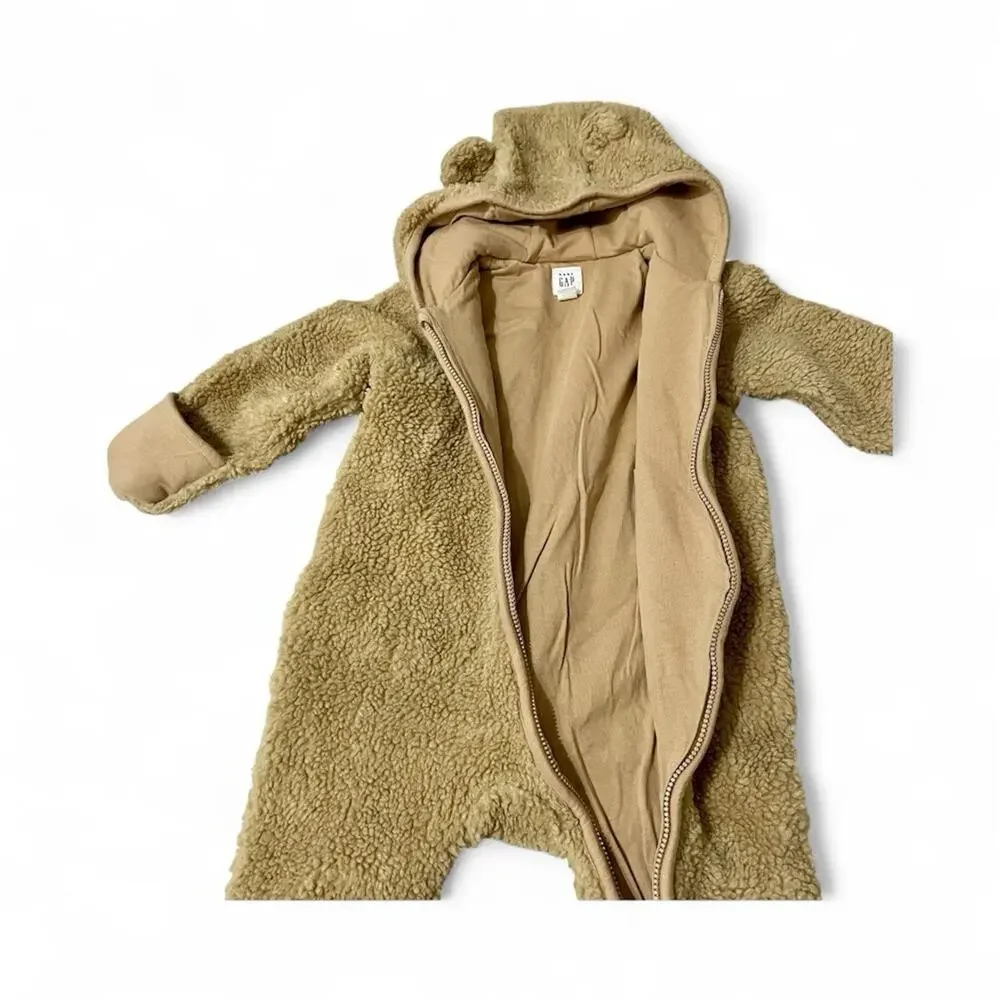 Baby Gap Teddy Sherpa One Piece 6 To 12 Mo Brown Bear Ear Appliqué Hood Cozy